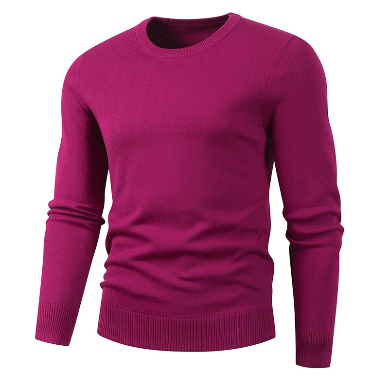 Men's Purple Red Casual Color Thick Cotton O Neck Sweater Pullover