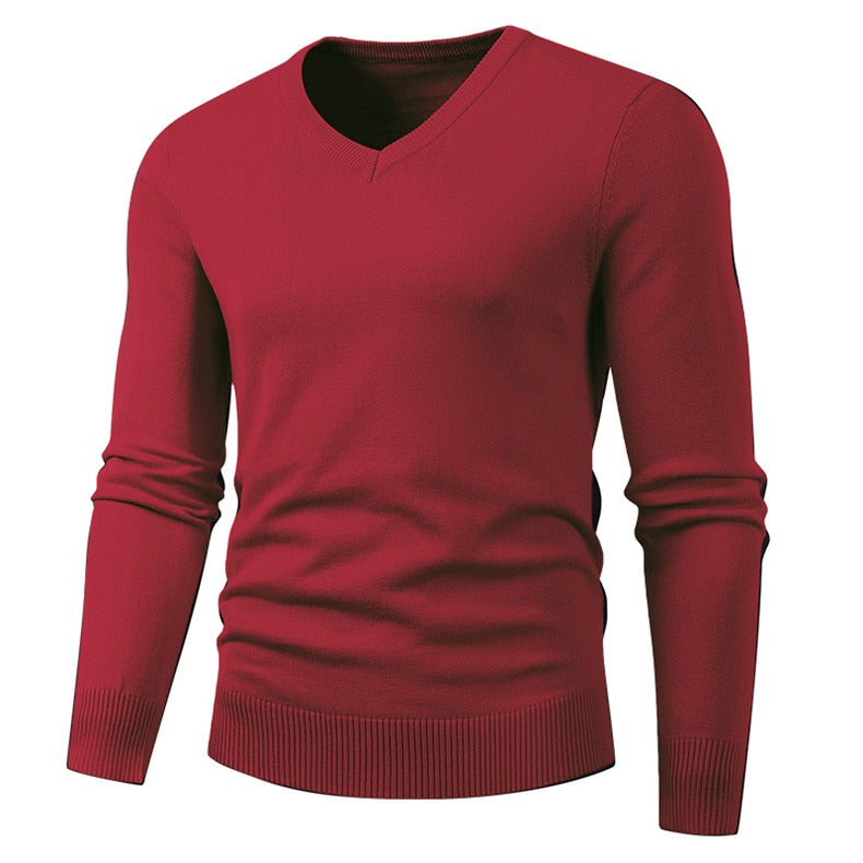 Men's Winter Wine Red Thicken Cotton V Neck Sweater Pullover