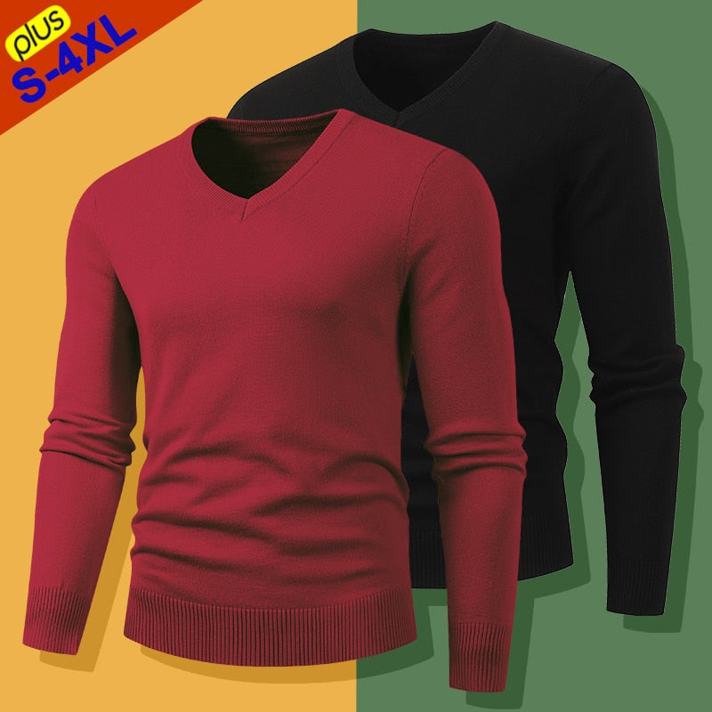 Men's Winter Wine Red Thicken Cotton V Neck Sweater Pullover