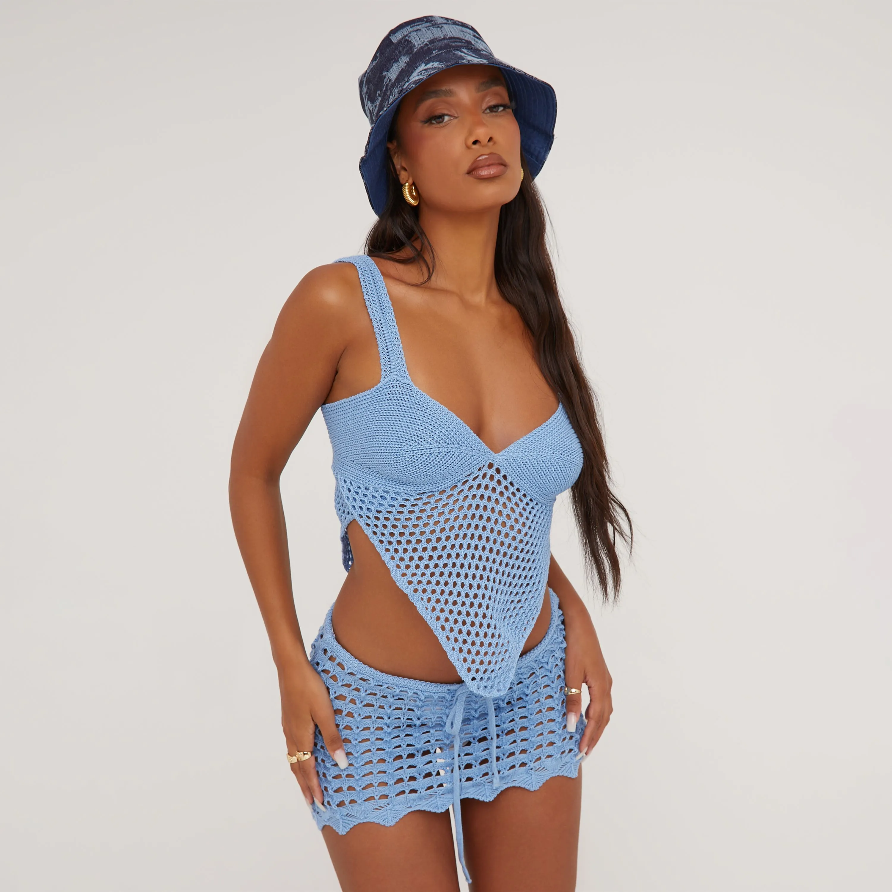 Plunge Neckline Dipped Hem Corset Crop Top In Blue Crochet Knit