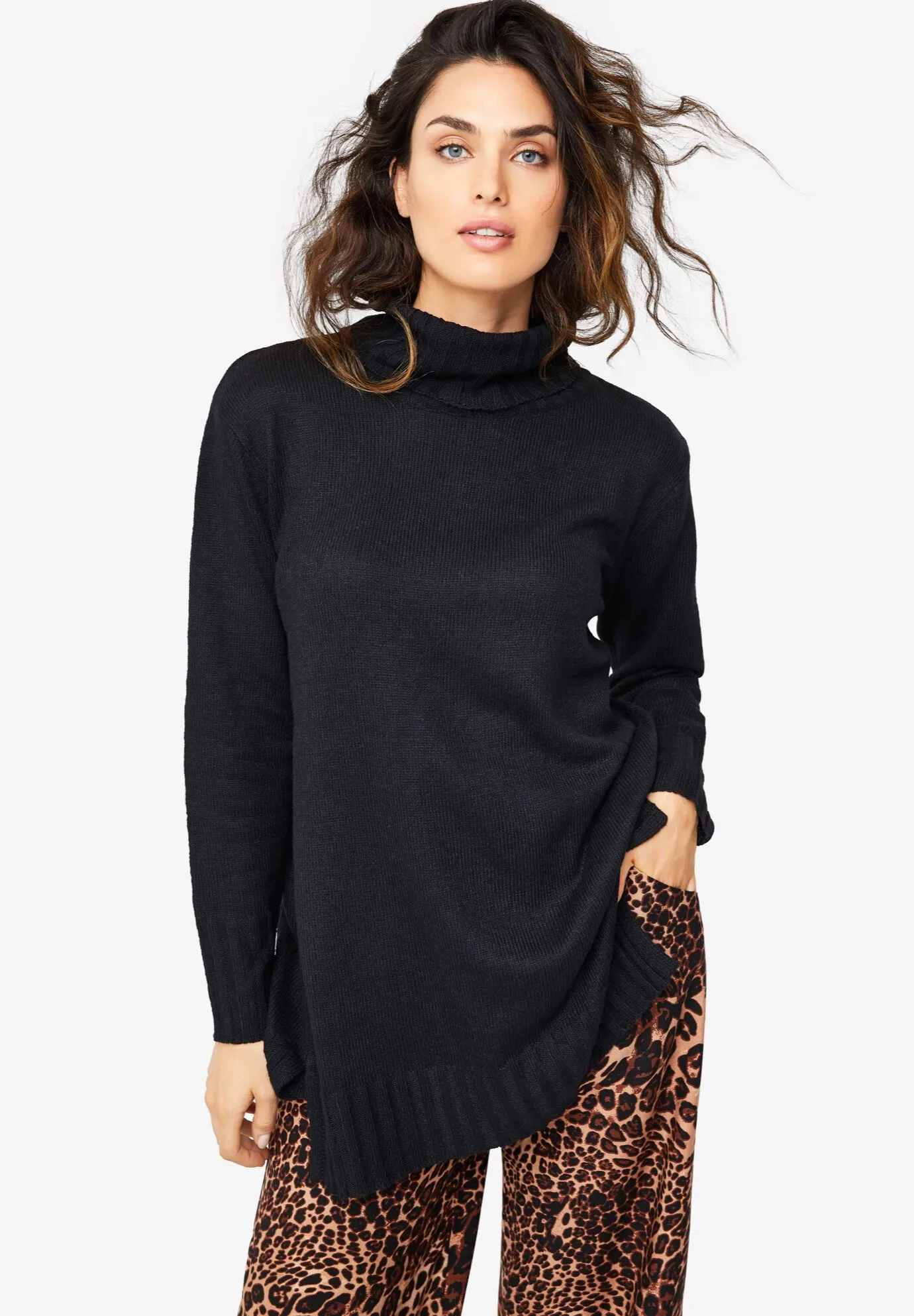 Ribbed Turtleneck Tunic Sweater