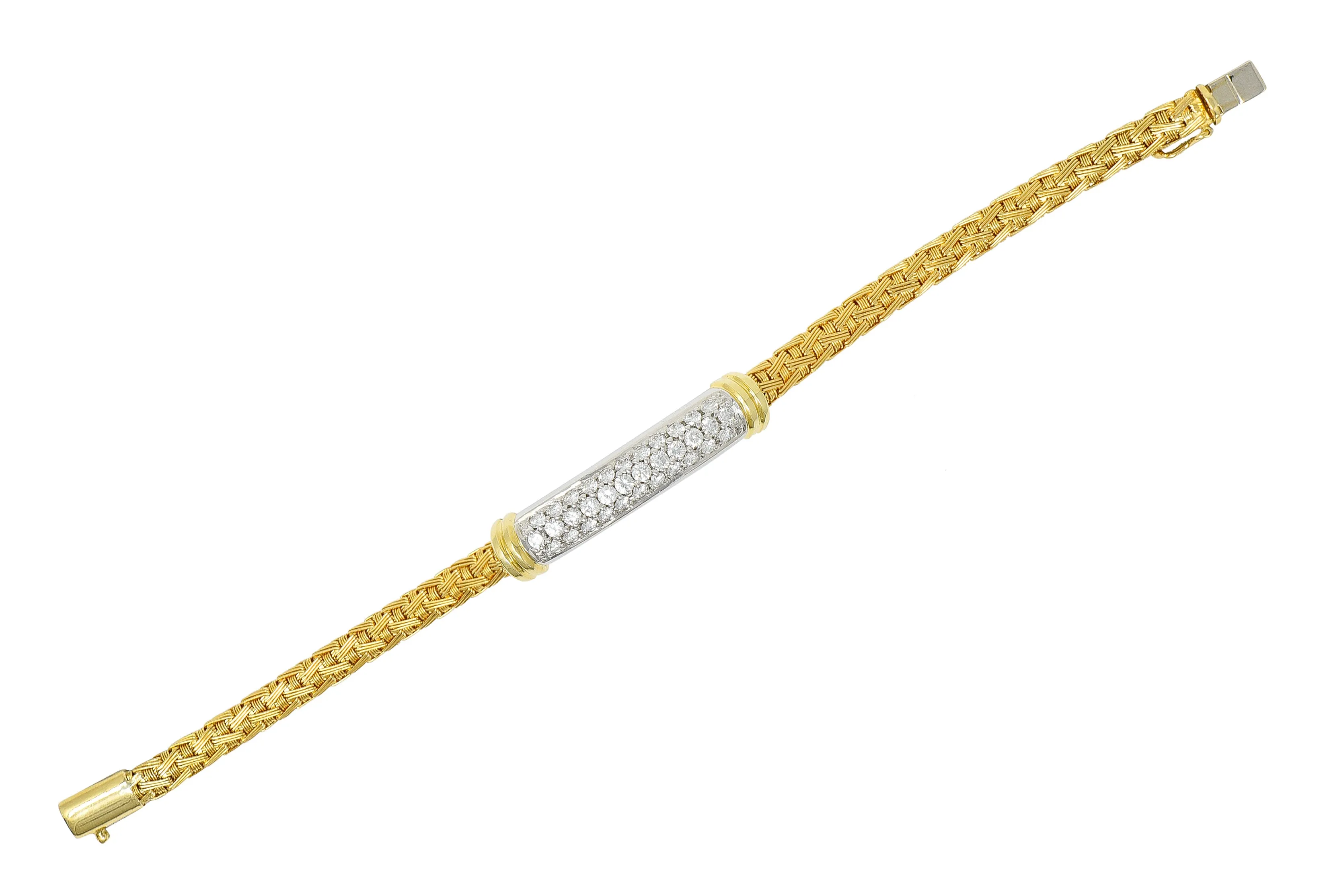 Roberto Coin Italian 1.50 CTW Pave Diamond 18 Karat Two-Tone Gold Woven Silk Bracelet