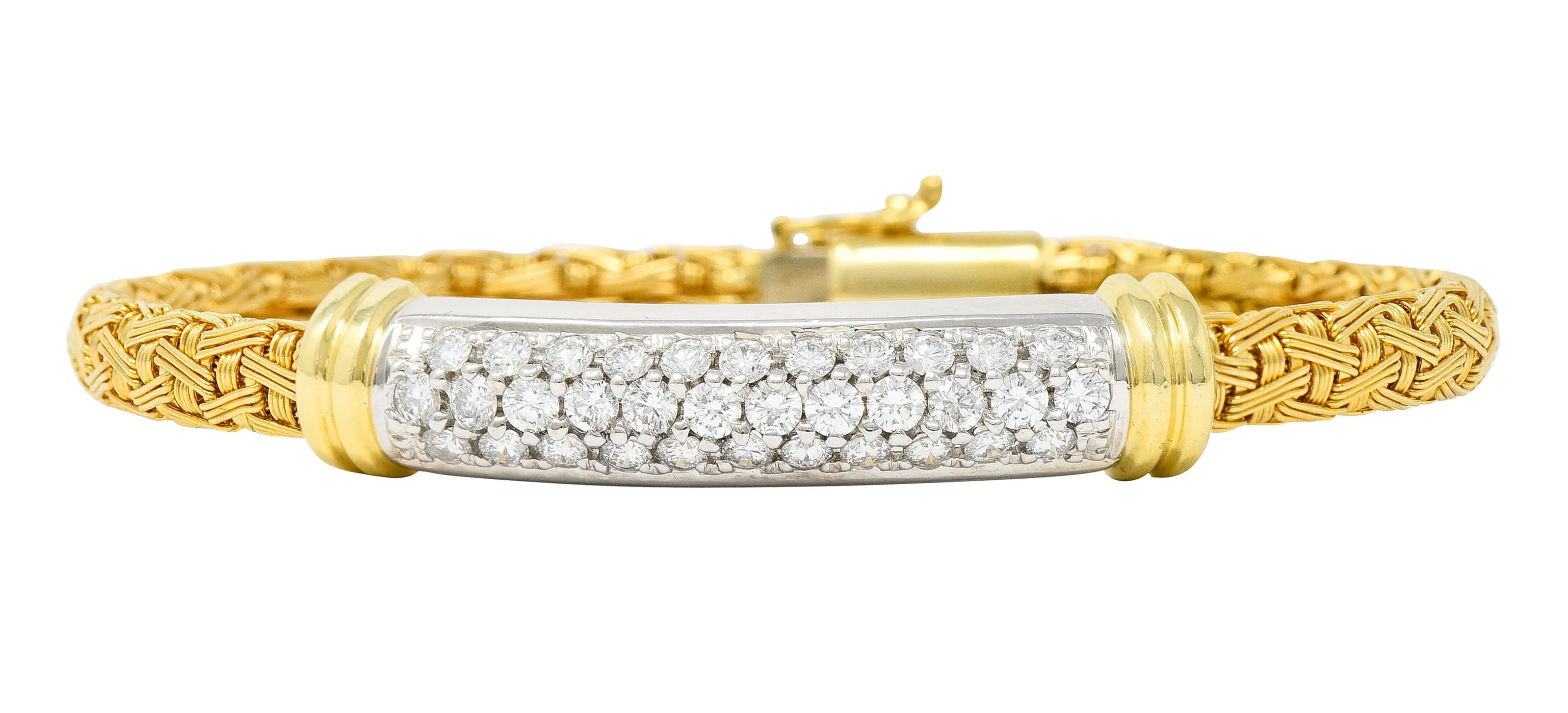 Roberto Coin Italian 1.50 CTW Pave Diamond 18 Karat Two-Tone Gold Woven Silk Bracelet