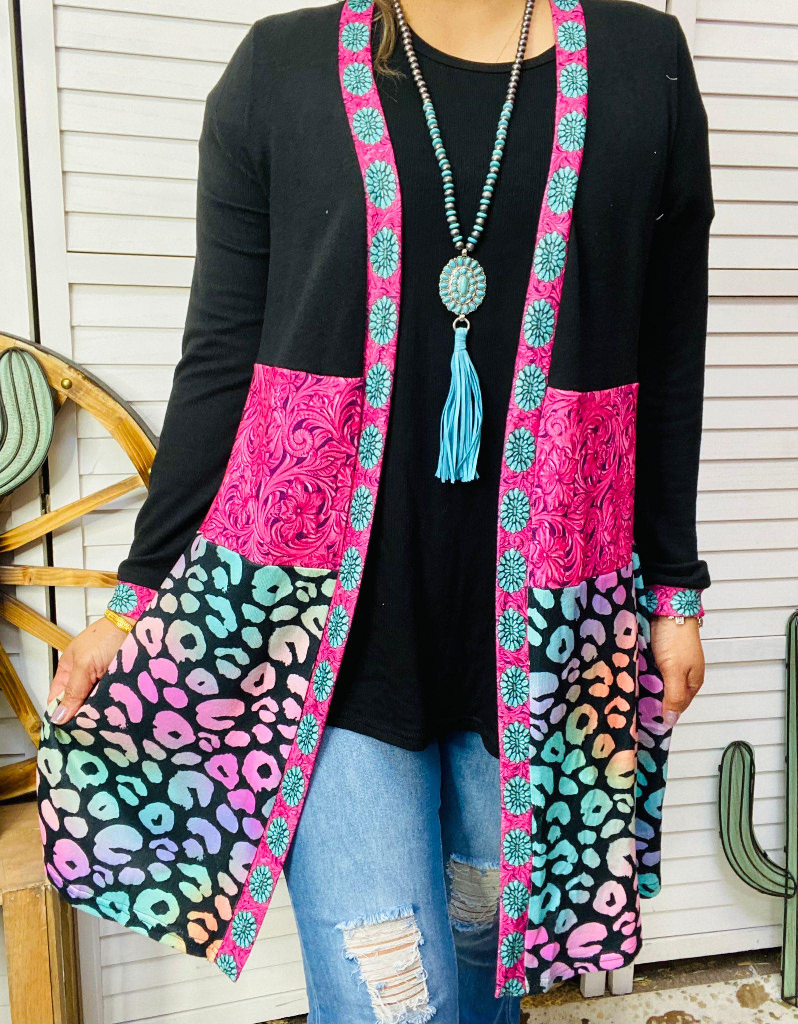 S/M : Pink Toole, Turquoise Concho, Multi Leopard Cardigan