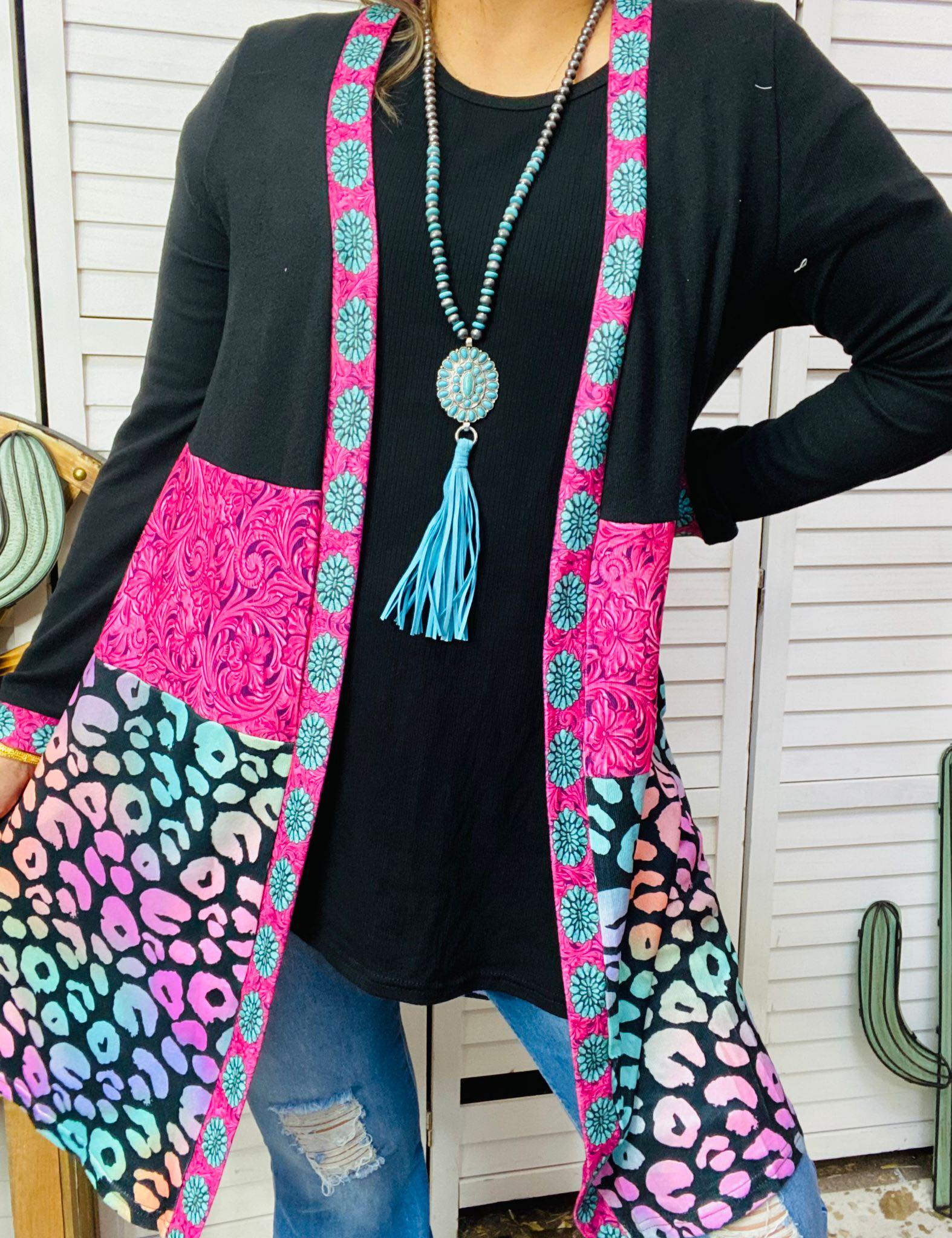 S/M : Pink Toole, Turquoise Concho, Multi Leopard Cardigan