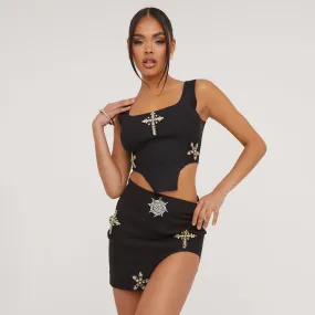 Square Neck Embellished Crucifix Detail Dipped Hem Corset Top In Black Woven