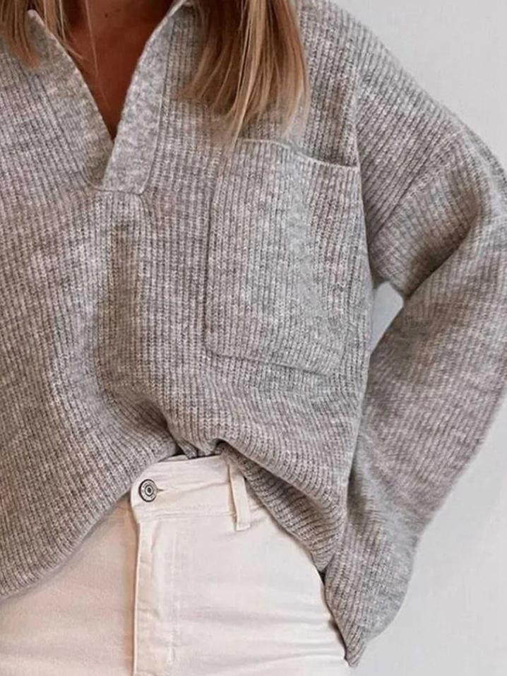 Sweaters Loose Solid Lapel Pocket Long Sleeve Sweater for Women