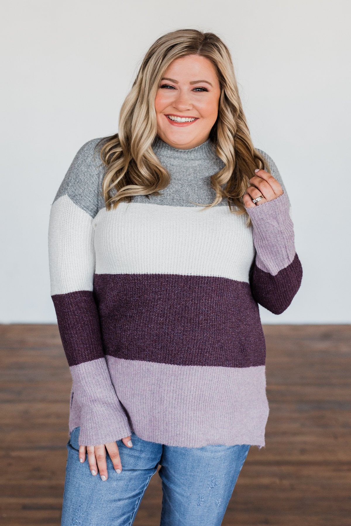 Tell Me Everything Color Block Sweater- Grey, Ivory, & Eggplant