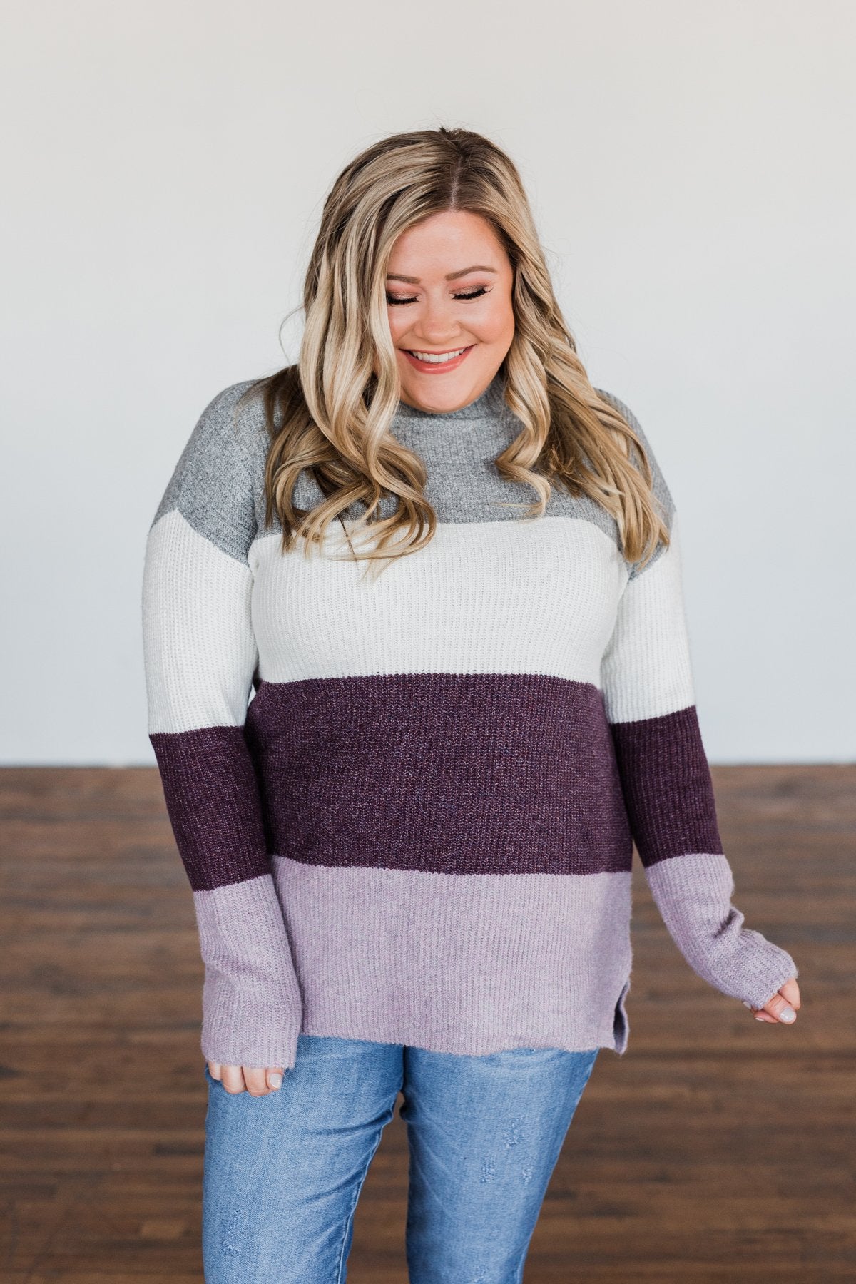 Tell Me Everything Color Block Sweater- Grey, Ivory, & Eggplant