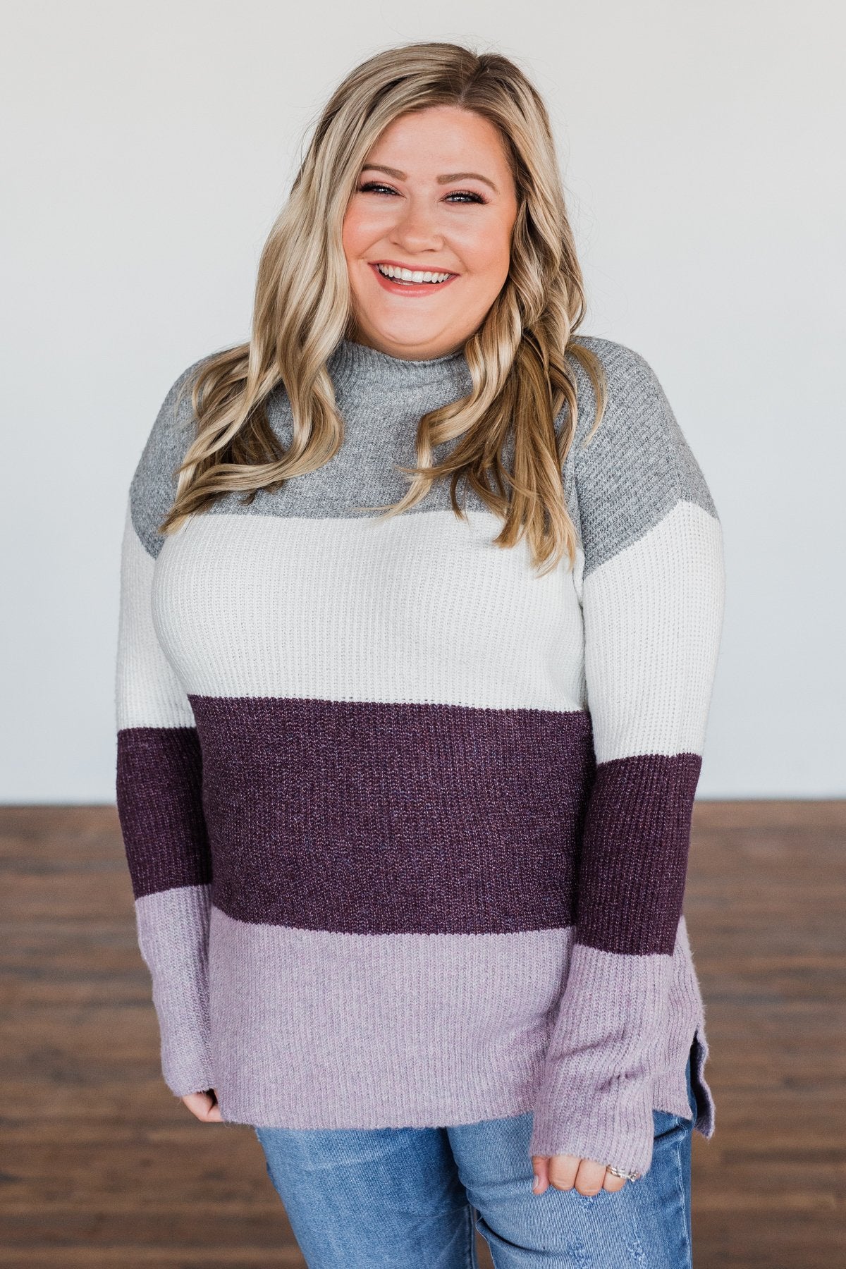 Tell Me Everything Color Block Sweater- Grey, Ivory, & Eggplant