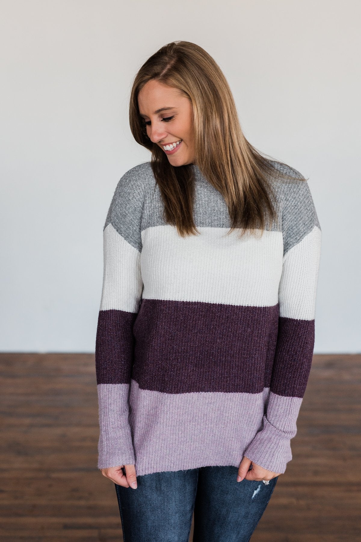 Tell Me Everything Color Block Sweater- Grey, Ivory, & Eggplant