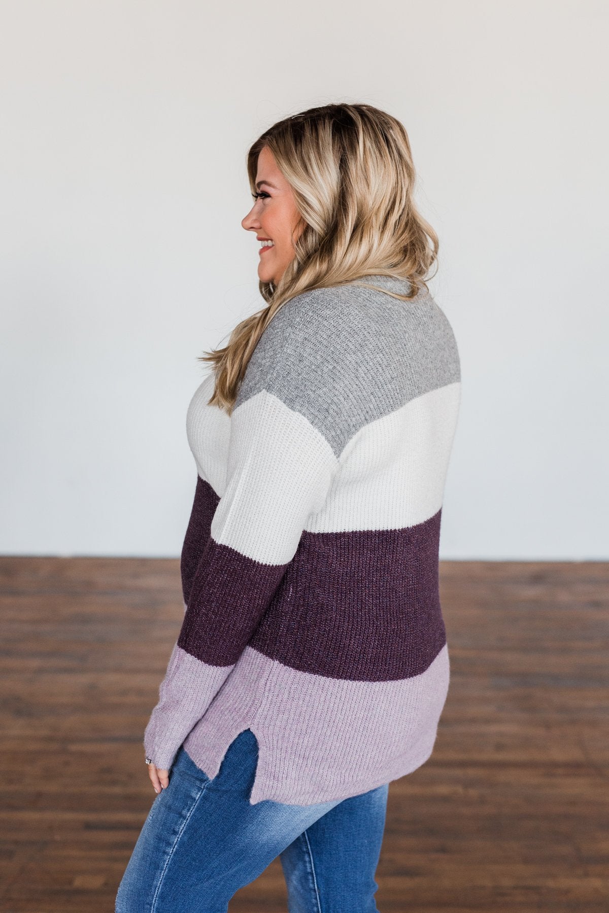 Tell Me Everything Color Block Sweater- Grey, Ivory, & Eggplant