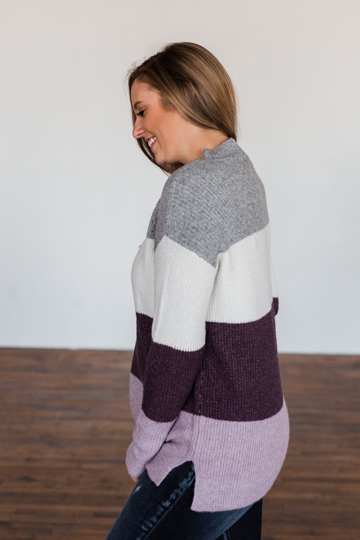 Tell Me Everything Color Block Sweater- Grey, Ivory, & Eggplant