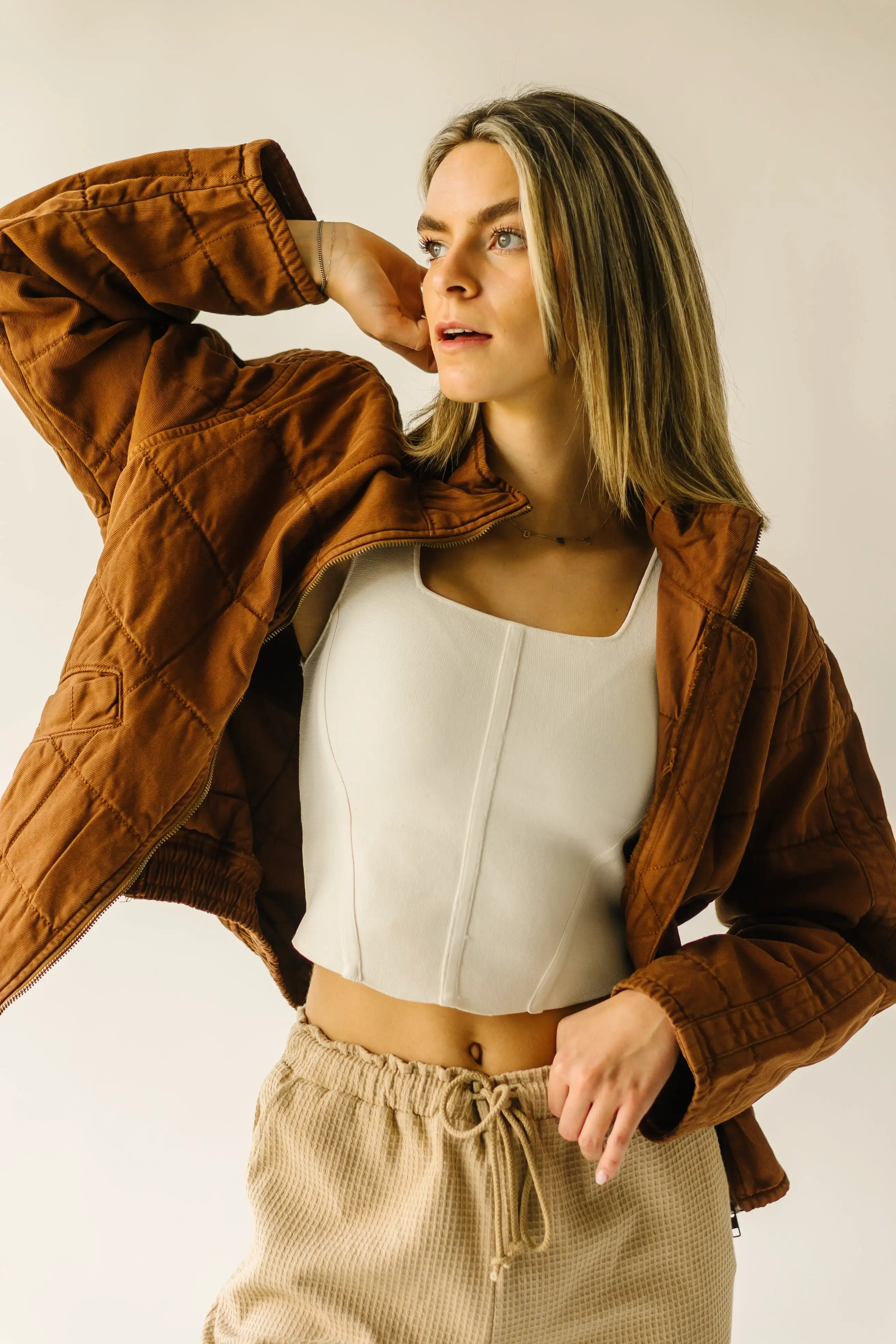 The Chandell Quilted Denim Jacket in Mocha