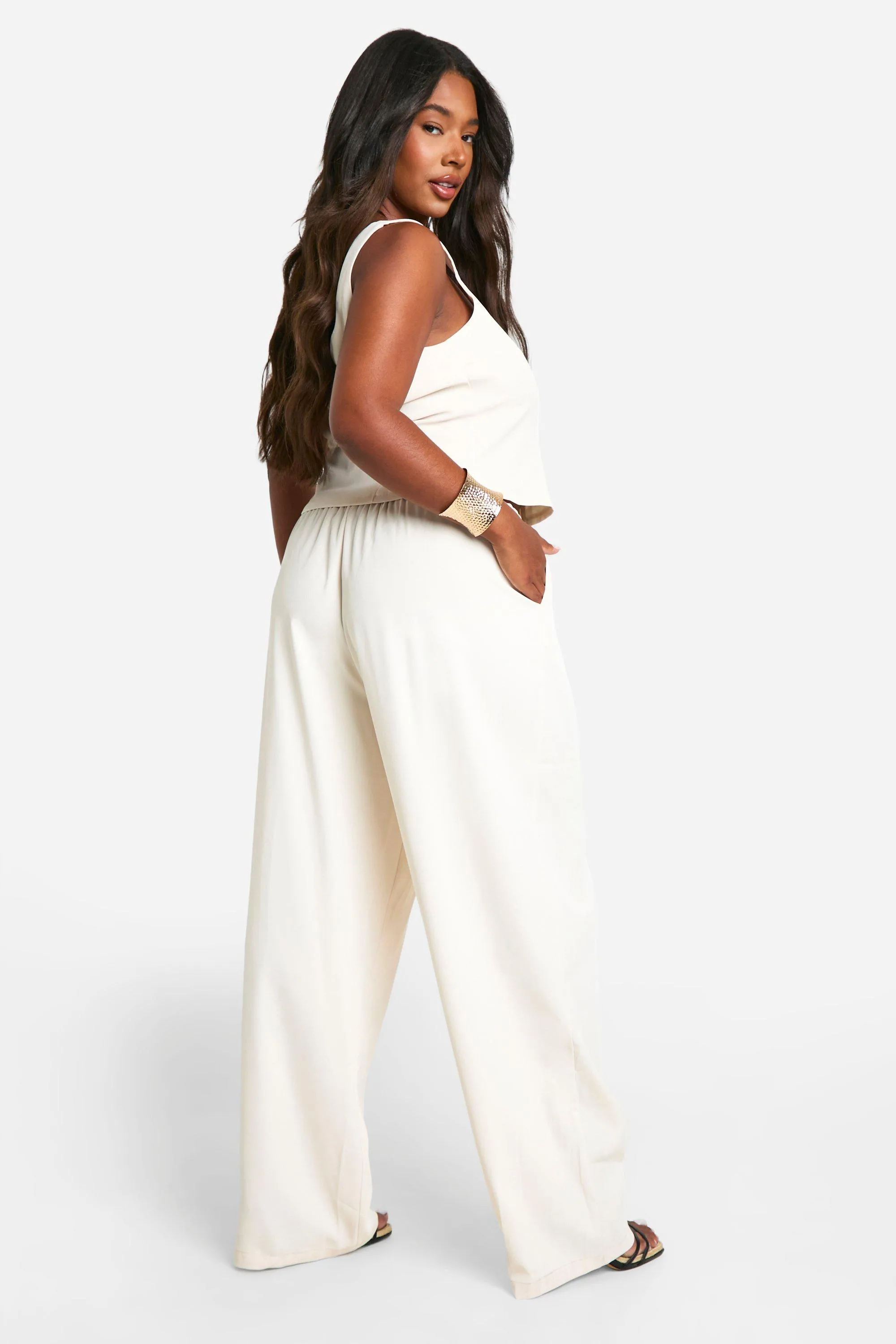 Trouser Co-ords | Plus Hook And Eye Corset And Slouchy Wide Leg Trouser Co-ord | boohoo