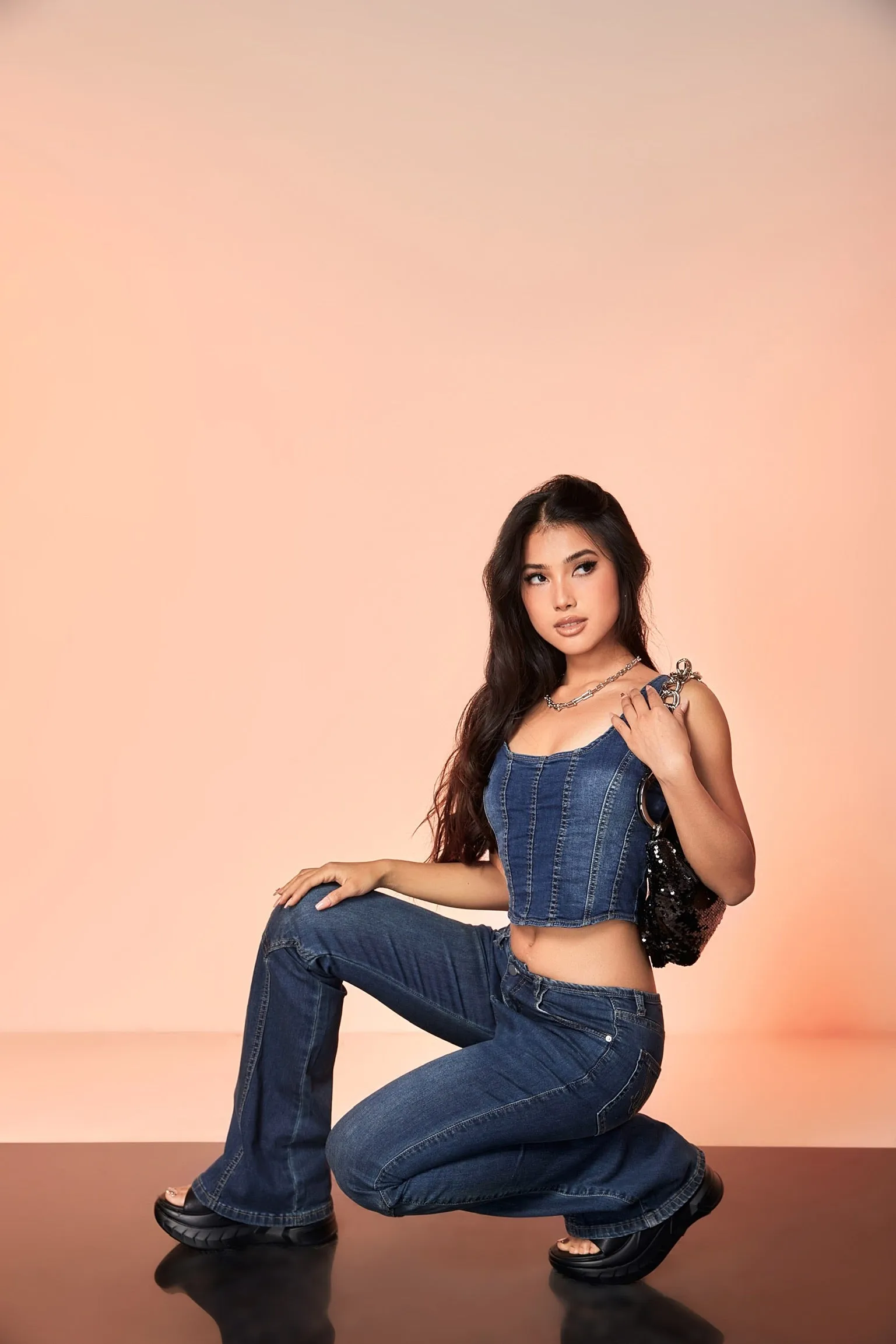 Unicorn Blood Denim Blue Corset Top Low Waist Flare Jeans Matching Set