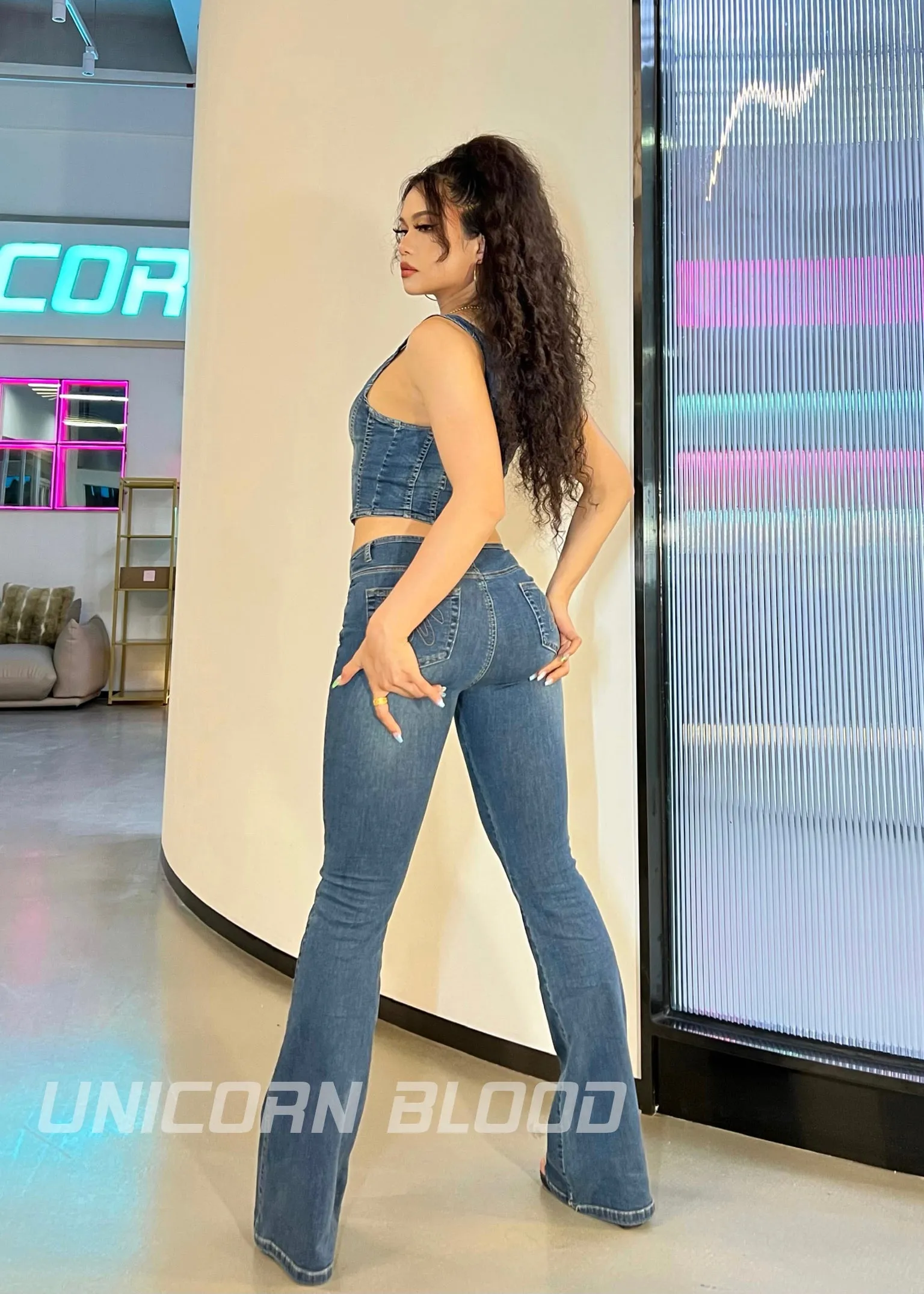 Unicorn Blood Denim Blue Corset Top Low Waist Flare Jeans Matching Set