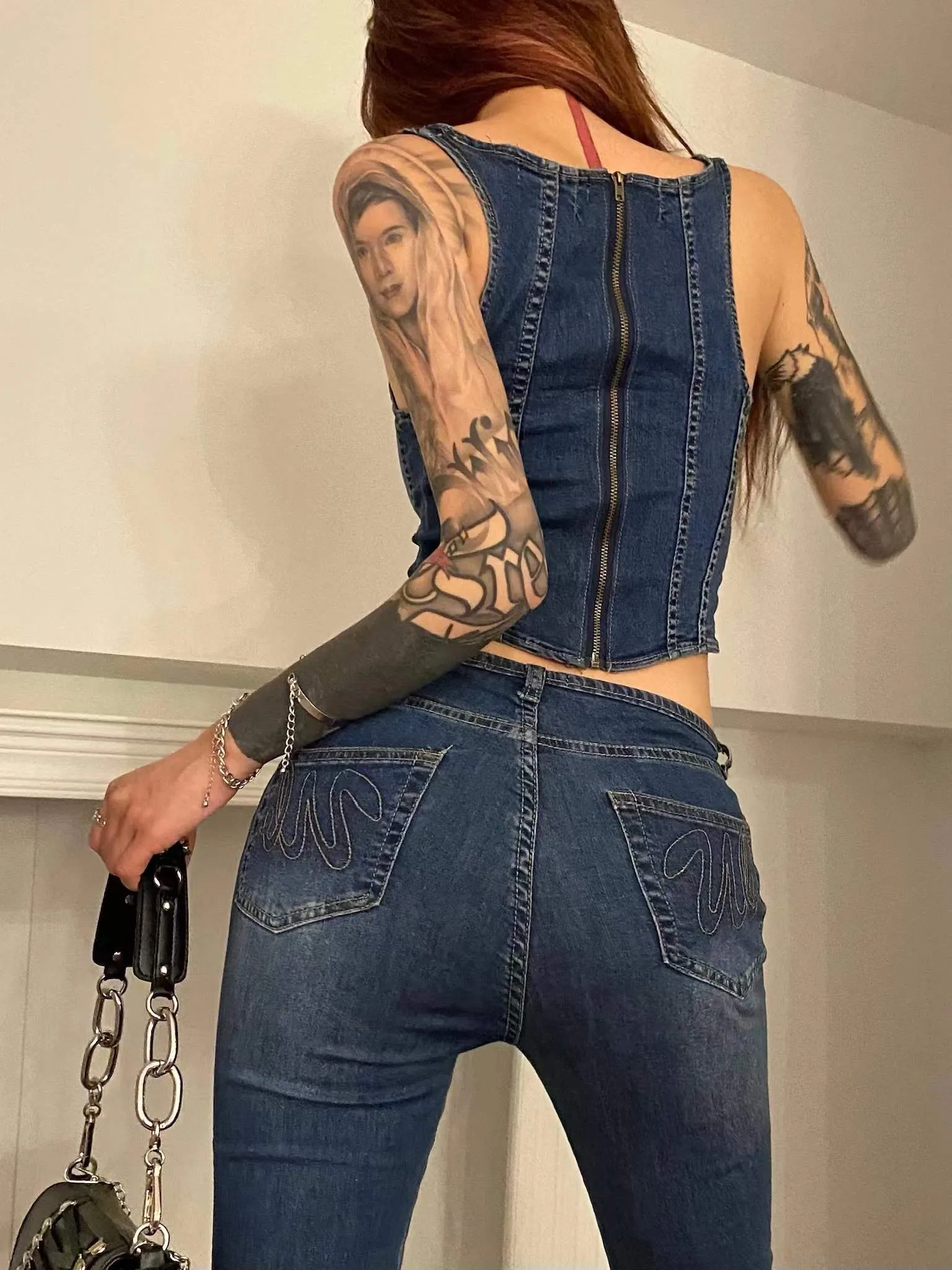 Unicorn Blood Denim Blue Corset Top Low Waist Flare Jeans Matching Set