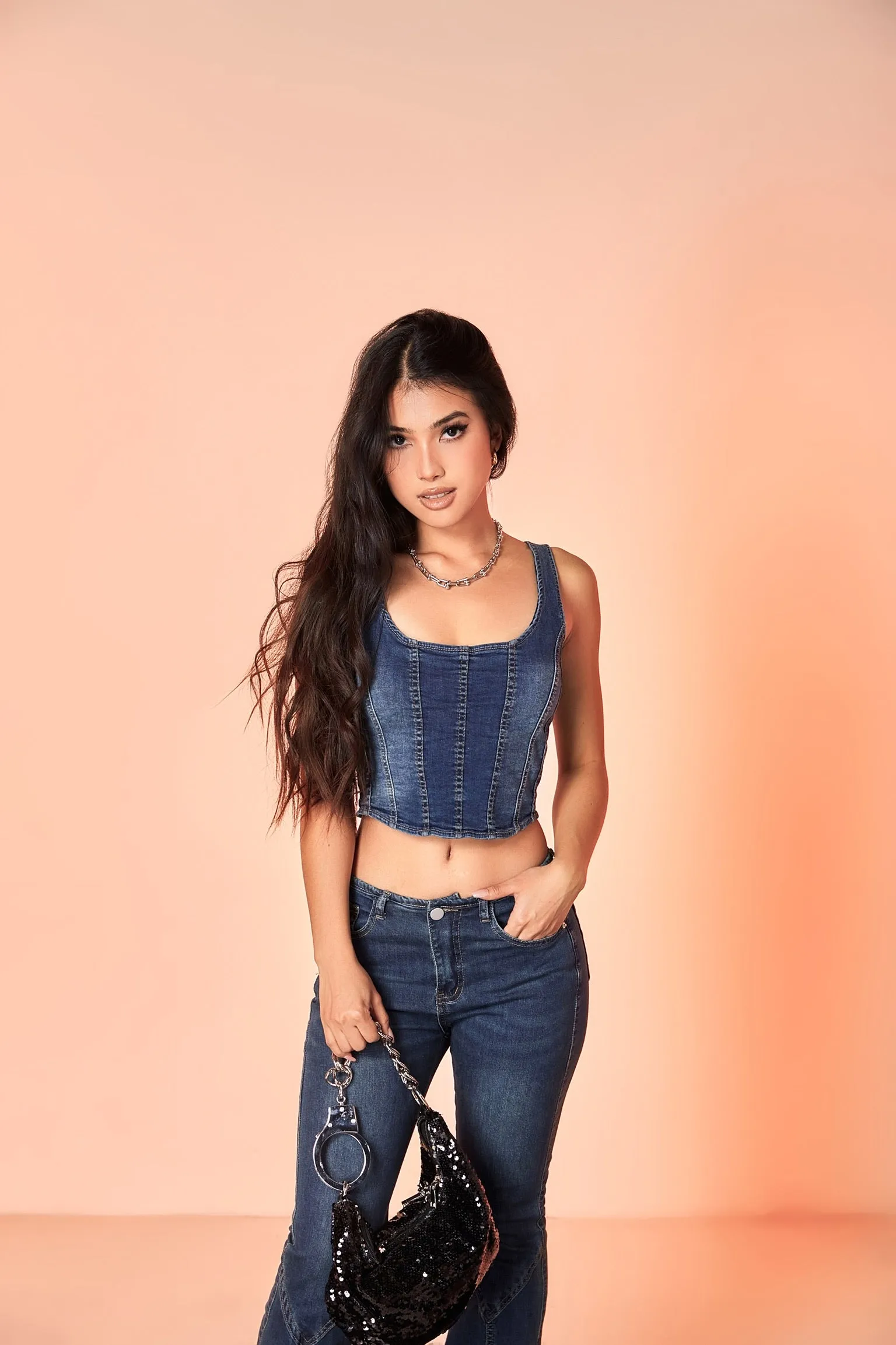 Unicorn Blood Denim Blue Corset Top Low Waist Flare Jeans Matching Set