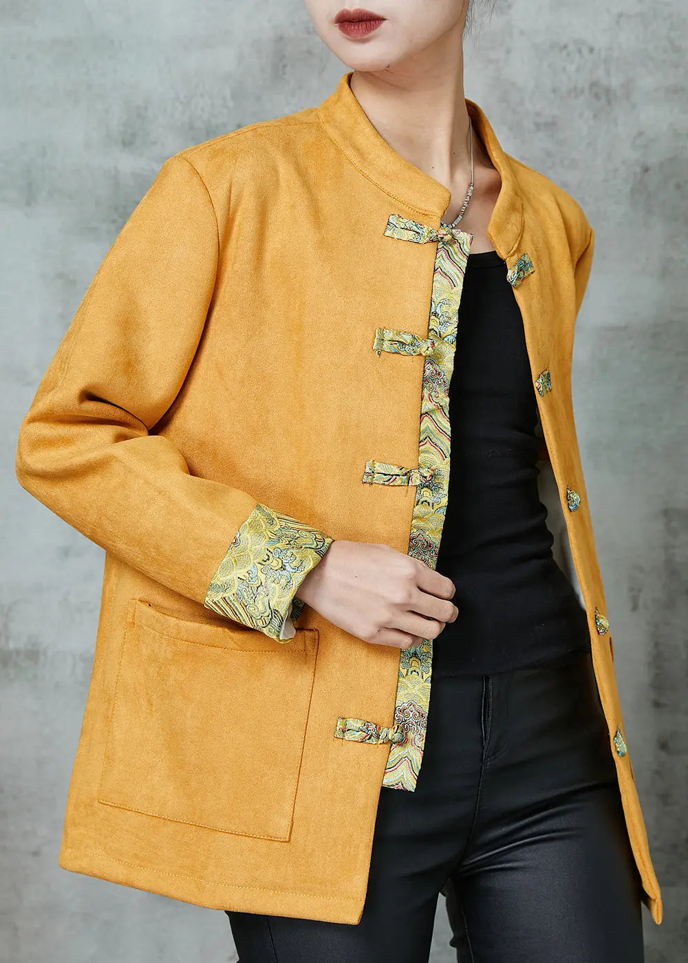 Unique Yellow Pockets Faux Suede Chinese Style Jackets Spring JK1057