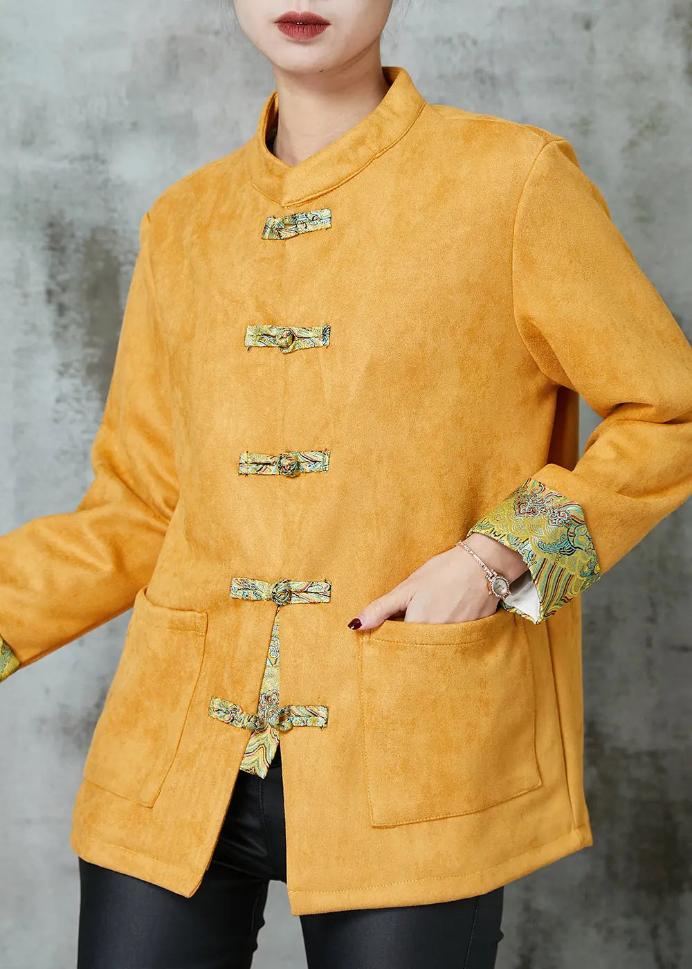 Unique Yellow Pockets Faux Suede Chinese Style Jackets Spring JK1057