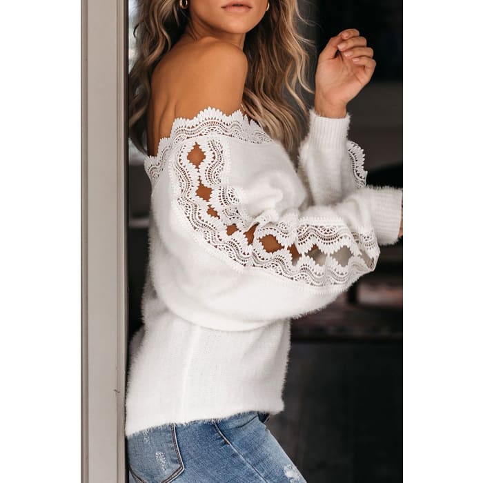 White Open Lacework Soft Sweater